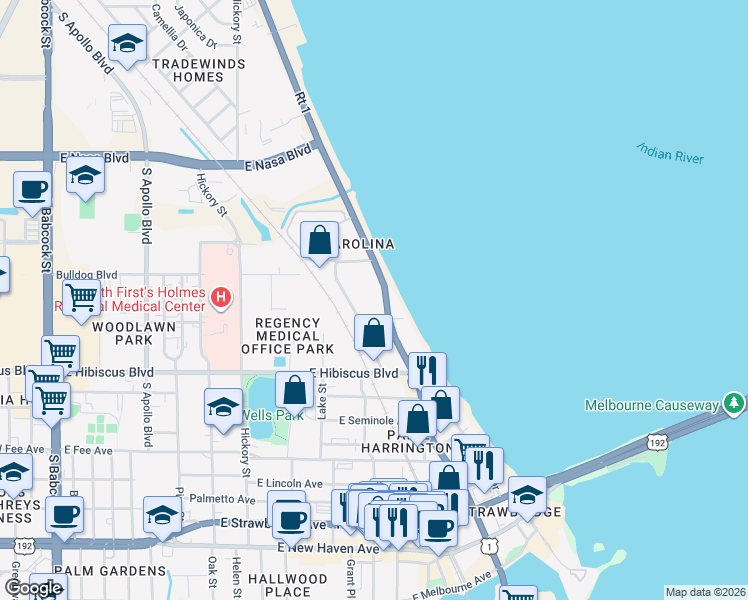 map of restaurants, bars, coffee shops, grocery stores, and more near 1310 South Harbor City Boulevard in Melbourne