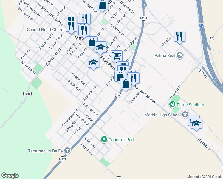 map of restaurants, bars, coffee shops, grocery stores, and more near 728 East Copano Street in Mathis