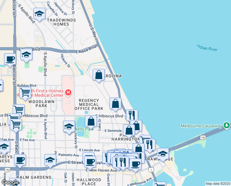 map of restaurants, bars, coffee shops, grocery stores, and more near 1310 South Harbor City Boulevard in Melbourne