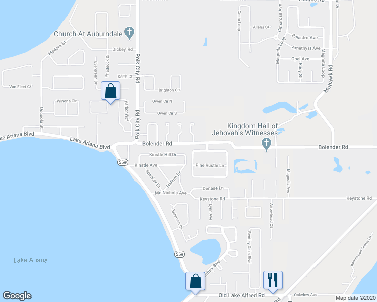 map of restaurants, bars, coffee shops, grocery stores, and more near 452 Pine Shadow Lane in Auburndale