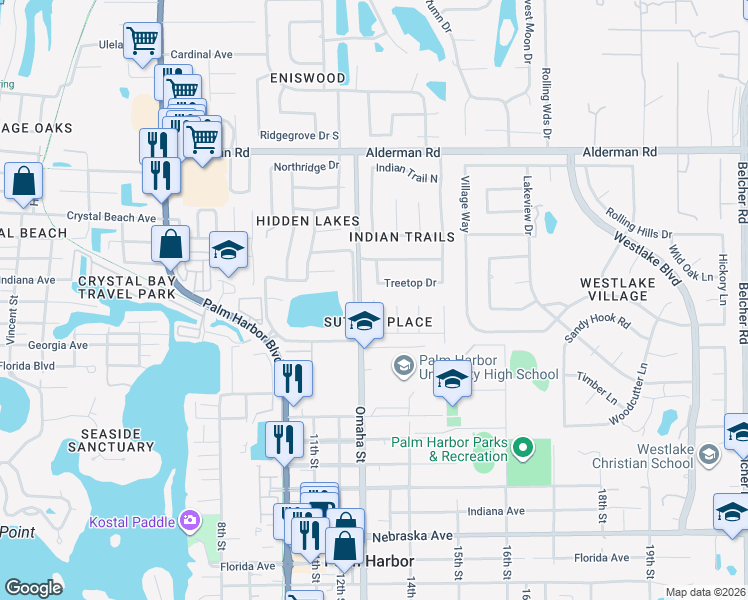 map of restaurants, bars, coffee shops, grocery stores, and more near 2199 Salisbury Court in Palm Harbor