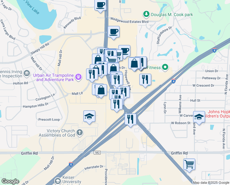 map of restaurants, bars, coffee shops, grocery stores, and more near 1955 Lakeland Park Center Drive in Lakeland