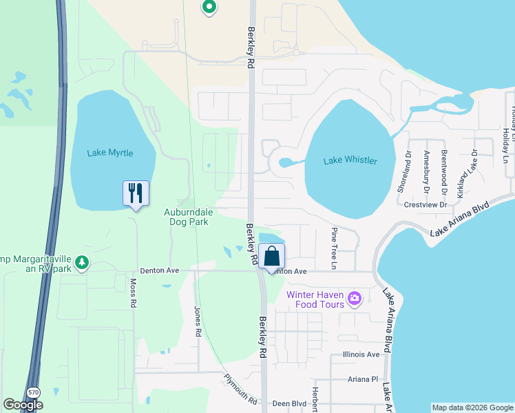map of restaurants, bars, coffee shops, grocery stores, and more near 221 Lakeview Drive in Auburndale