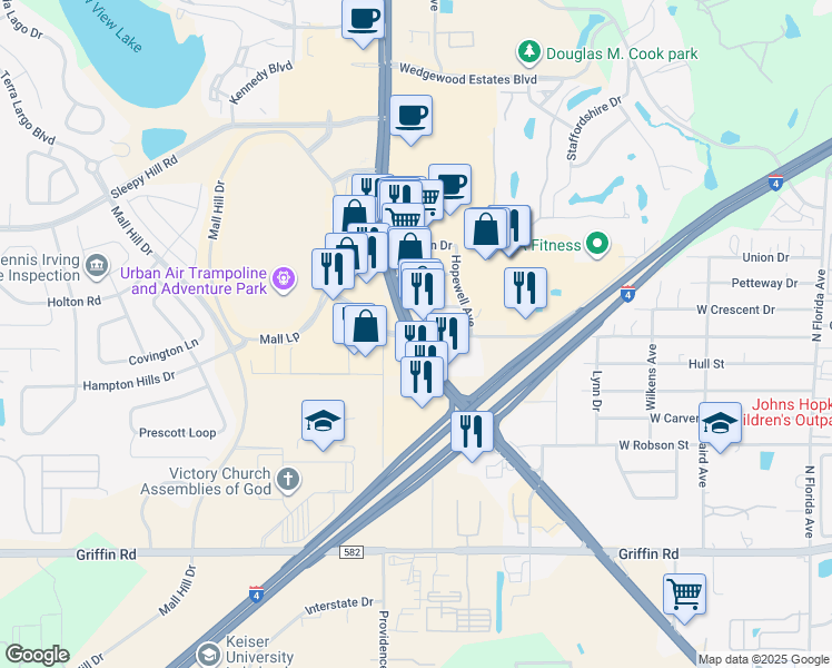 map of restaurants, bars, coffee shops, grocery stores, and more near 1955 Lakeland Park Center Drive in Lakeland