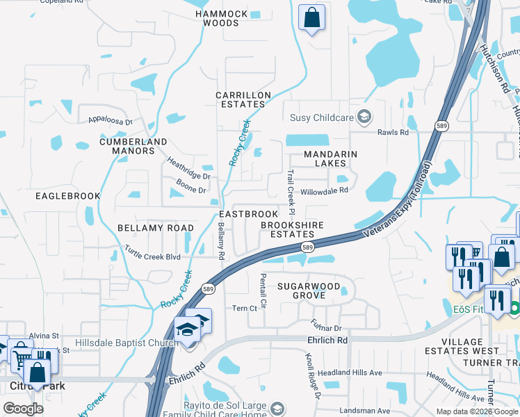 map of restaurants, bars, coffee shops, grocery stores, and more near 15013 Redcliff Drive in Tampa