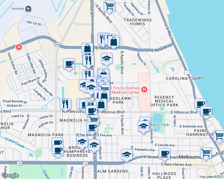 map of restaurants, bars, coffee shops, grocery stores, and more near 1363 South Babcock Street in Melbourne