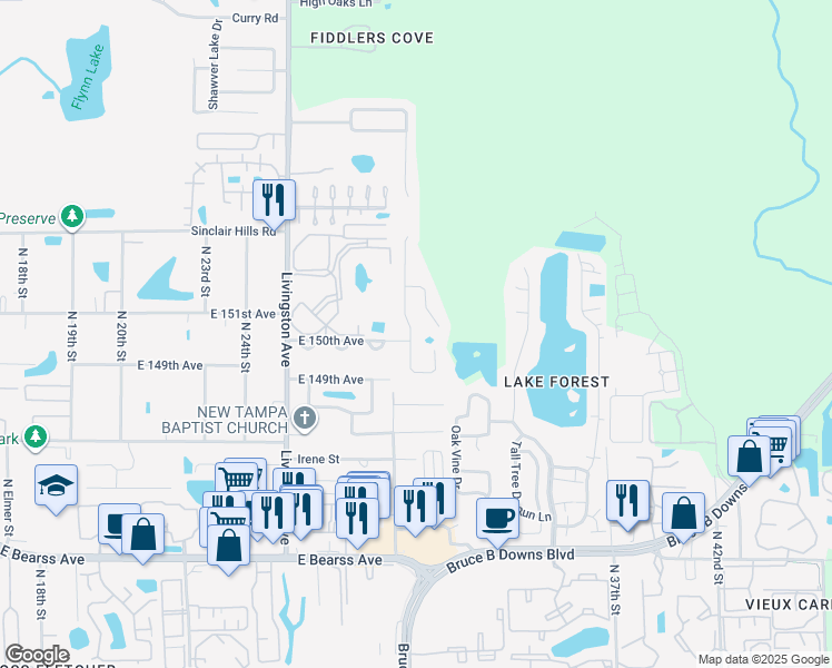 map of restaurants, bars, coffee shops, grocery stores, and more near 2543 East 150th Avenue in Lutz