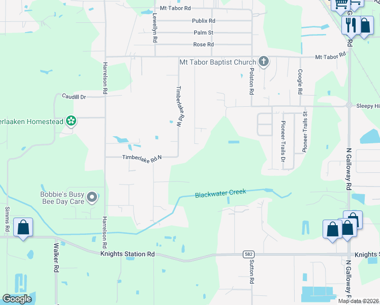 map of restaurants, bars, coffee shops, grocery stores, and more near 3606 Timberlake Road North in Lakeland