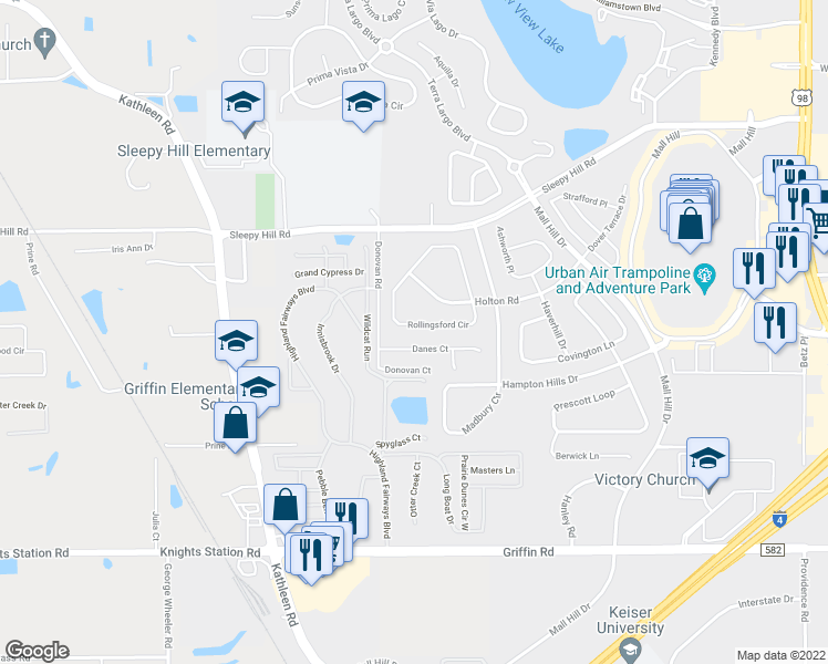 map of restaurants, bars, coffee shops, grocery stores, and more near 3802 Rollingsford Circle in Lakeland