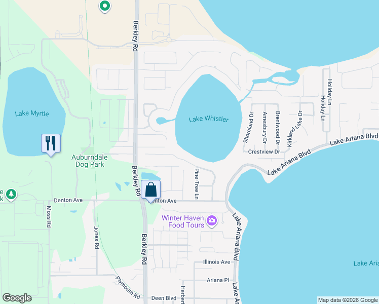 map of restaurants, bars, coffee shops, grocery stores, and more near 2304 Marguerite Drive in Auburndale