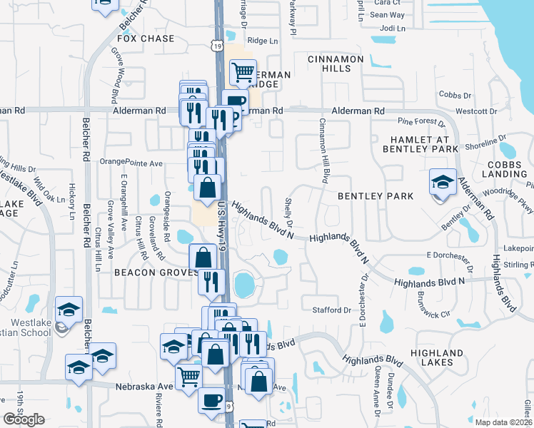 map of restaurants, bars, coffee shops, grocery stores, and more near 2211 Lark Circle West in Palm Harbor