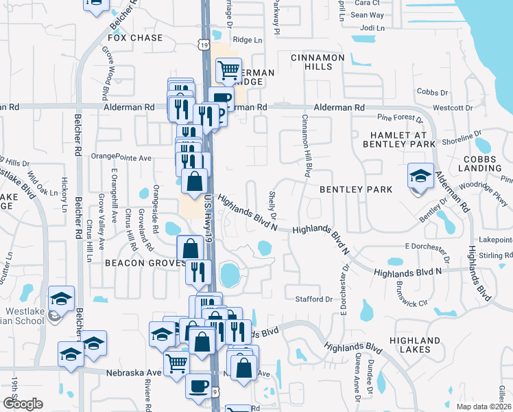 map of restaurants, bars, coffee shops, grocery stores, and more near 2231 Lark Circle East in Palm Harbor