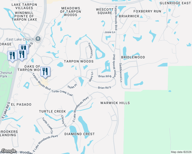 map of restaurants, bars, coffee shops, grocery stores, and more near 3380 Tarpon Woods Boulevard in Palm Harbor