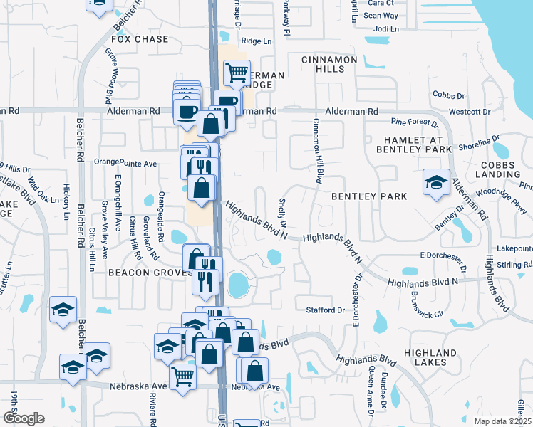 map of restaurants, bars, coffee shops, grocery stores, and more near 2603 Camille Drive in Palm Harbor
