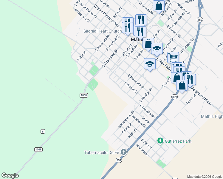map of restaurants, bars, coffee shops, grocery stores, and more near 620 South Nueces Street in Mathis