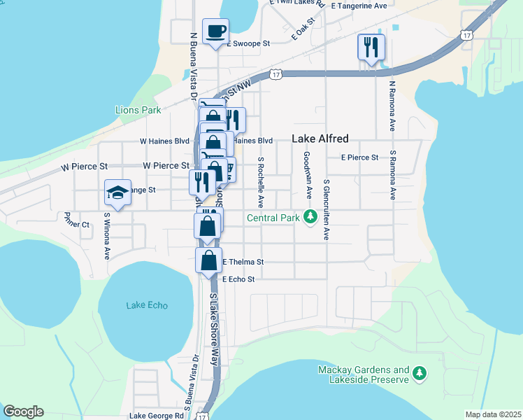 map of restaurants, bars, coffee shops, grocery stores, and more near 298 East Cummings Street in Lake Alfred