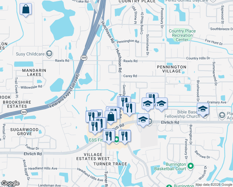 map of restaurants, bars, coffee shops, grocery stores, and more near 15008 Hutchison Road in Tampa