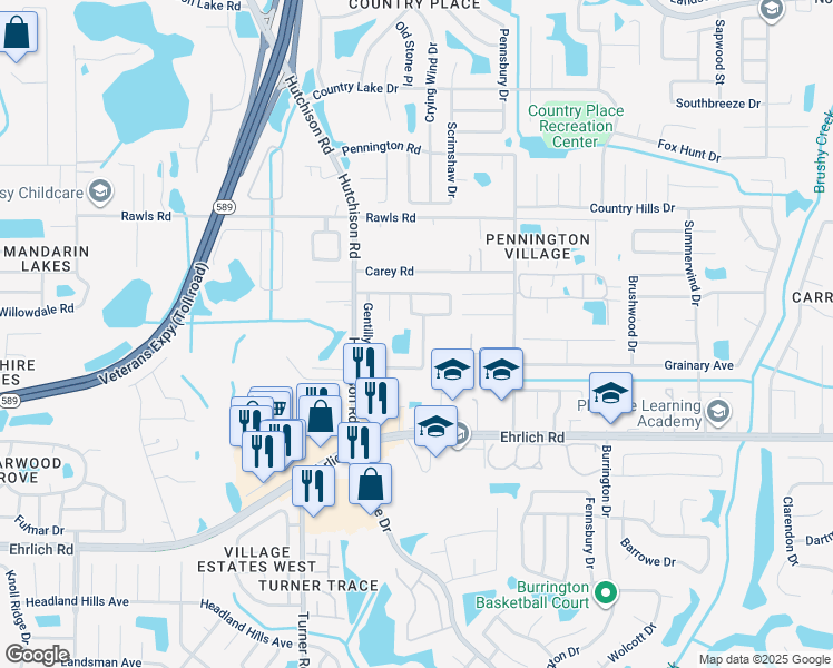 map of restaurants, bars, coffee shops, grocery stores, and more near 14936 Glasgow Court in Tampa