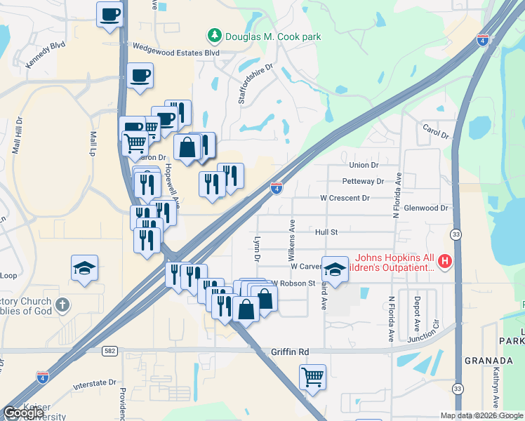 map of restaurants, bars, coffee shops, grocery stores, and more near 3420 Lynn Drive in Lakeland