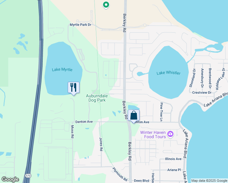 map of restaurants, bars, coffee shops, grocery stores, and more near 513 O Shea Court in Auburndale