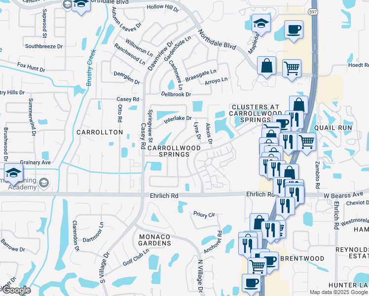 map of restaurants, bars, coffee shops, grocery stores, and more near 15014 Southfork Drive in Tampa