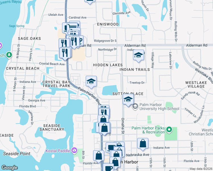 map of restaurants, bars, coffee shops, grocery stores, and more near 970 Hidden Lake Court in Palm Harbor