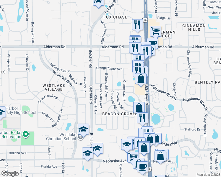 map of restaurants, bars, coffee shops, grocery stores, and more near 2210 Citrus Hill Road in Palm Harbor