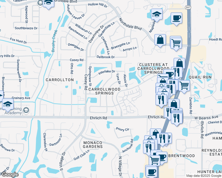 map of restaurants, bars, coffee shops, grocery stores, and more near 15014 Southfork Drive in Tampa