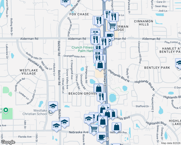 map of restaurants, bars, coffee shops, grocery stores, and more near 2289 North Citrus Way in Palm Harbor