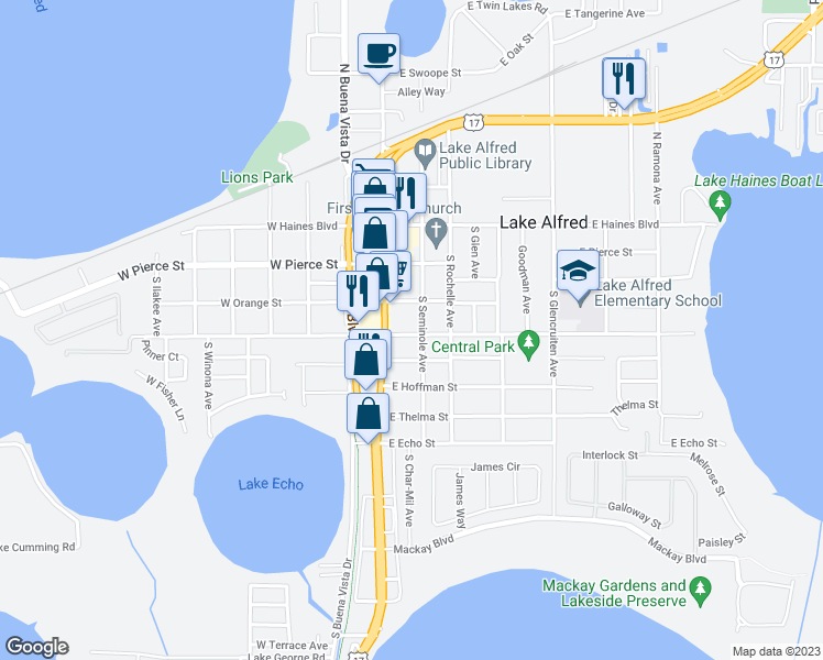 map of restaurants, bars, coffee shops, grocery stores, and more near 170 East Cummings Street in Lake Alfred