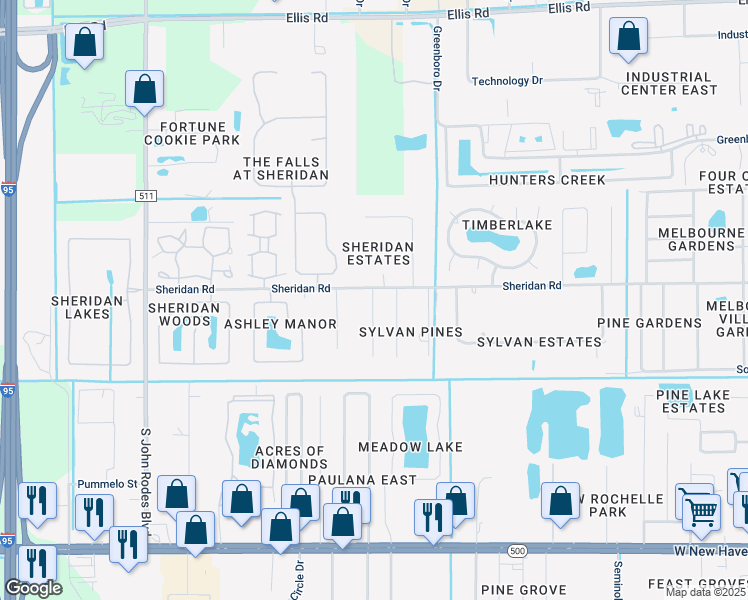 map of restaurants, bars, coffee shops, grocery stores, and more near 8730 Sheridan Road in Melbourne
