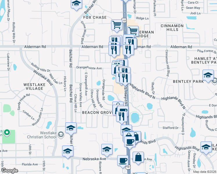 map of restaurants, bars, coffee shops, grocery stores, and more near 2289 North Citrus Way in Palm Harbor