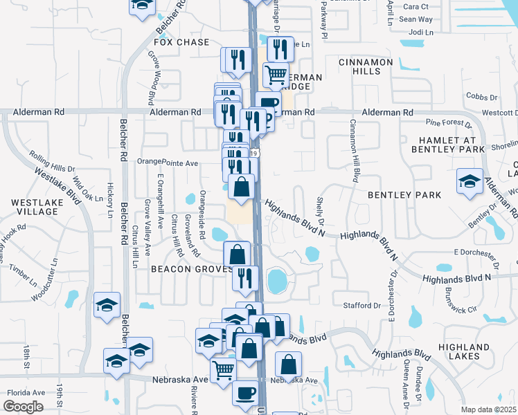 map of restaurants, bars, coffee shops, grocery stores, and more near 34627 US Highway 19 North in Palm Harbor
