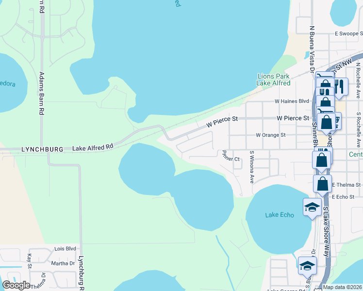 map of restaurants, bars, coffee shops, grocery stores, and more near 724 Lake Cummings Boulevard in Lake Alfred