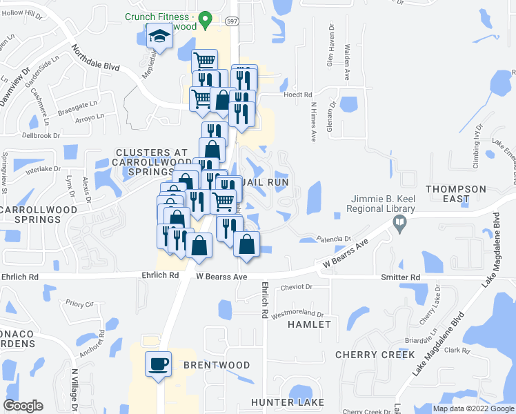 map of restaurants, bars, coffee shops, grocery stores, and more near 15228 West Pond Woods Drive in Tampa