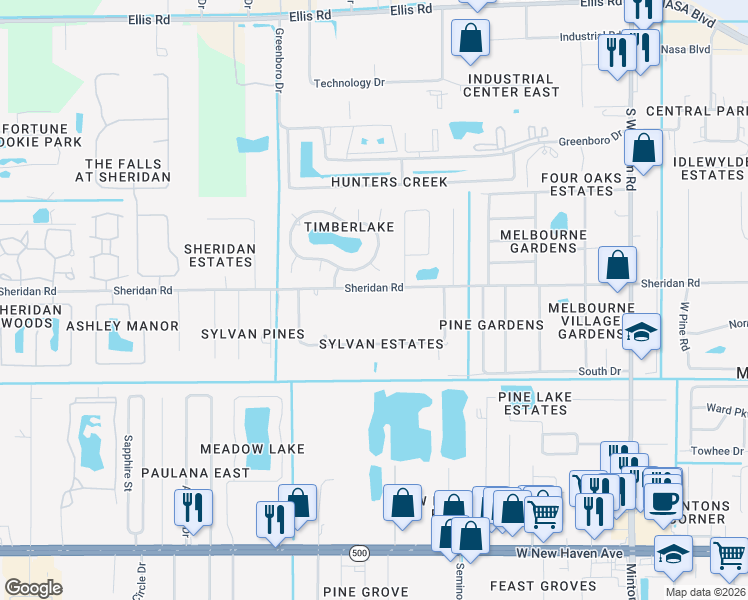 map of restaurants, bars, coffee shops, grocery stores, and more near 7906 Timberlake Drive in Melbourne