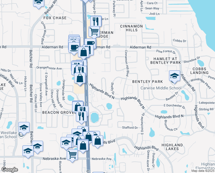 map of restaurants, bars, coffee shops, grocery stores, and more near 2225 Lark Circle West in Palm Harbor