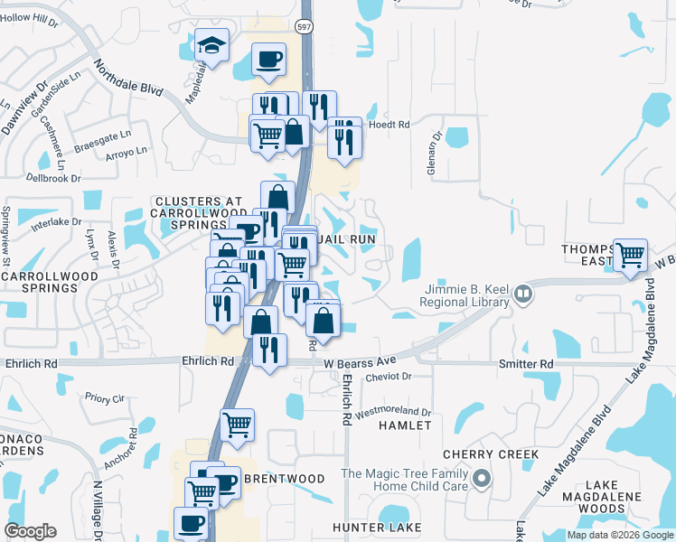 map of restaurants, bars, coffee shops, grocery stores, and more near 15228 West Pond Woods Drive in Tampa