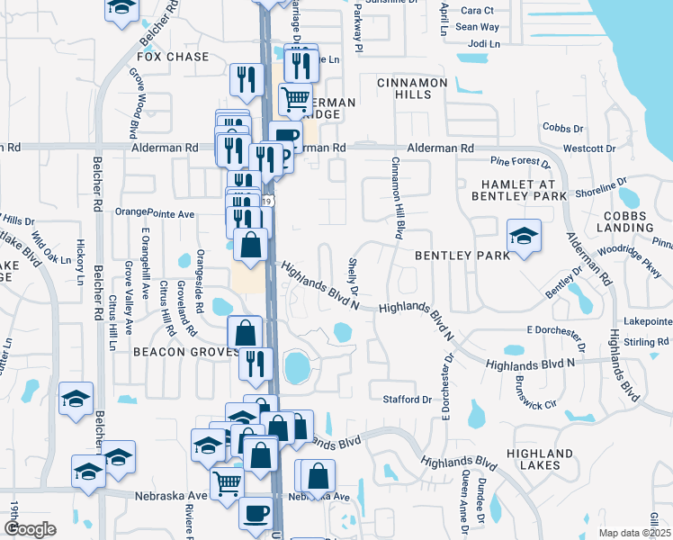 map of restaurants, bars, coffee shops, grocery stores, and more near 2225 Lark Circle West in Palm Harbor