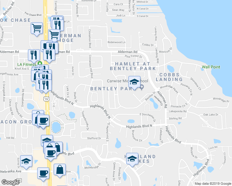 map of restaurants, bars, coffee shops, grocery stores, and more near 2926 Shannon Circle in Palm Harbor