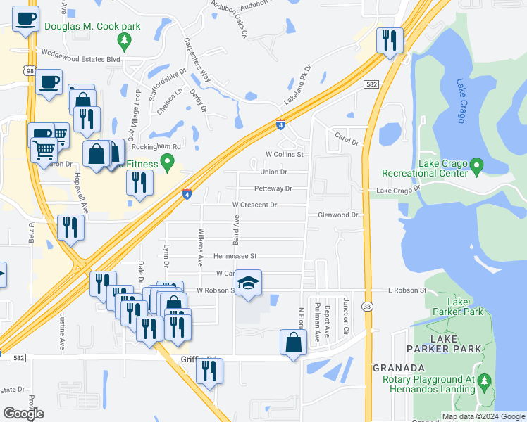 map of restaurants, bars, coffee shops, grocery stores, and more near 308 West Crescent Drive in Lakeland