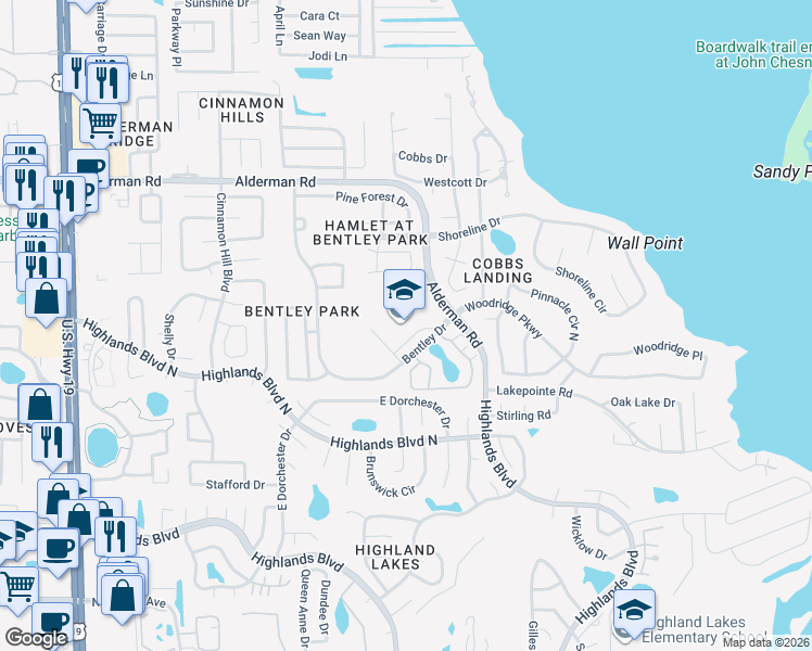 map of restaurants, bars, coffee shops, grocery stores, and more near 3301 Bentley Drive in Palm Harbor