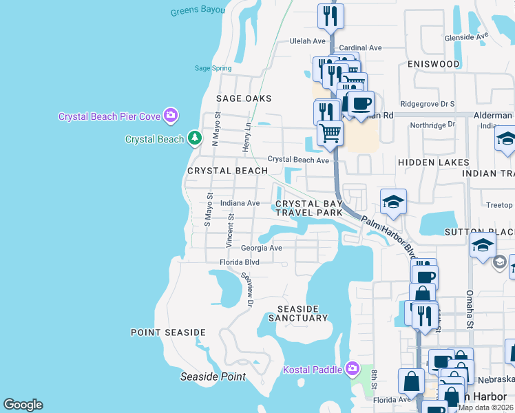 map of restaurants, bars, coffee shops, grocery stores, and more near 402 Broadus Street in Palm Harbor