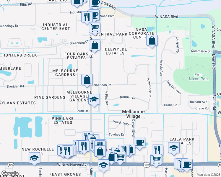 map of restaurants, bars, coffee shops, grocery stores, and more near 588 West Pine Road in Melbourne