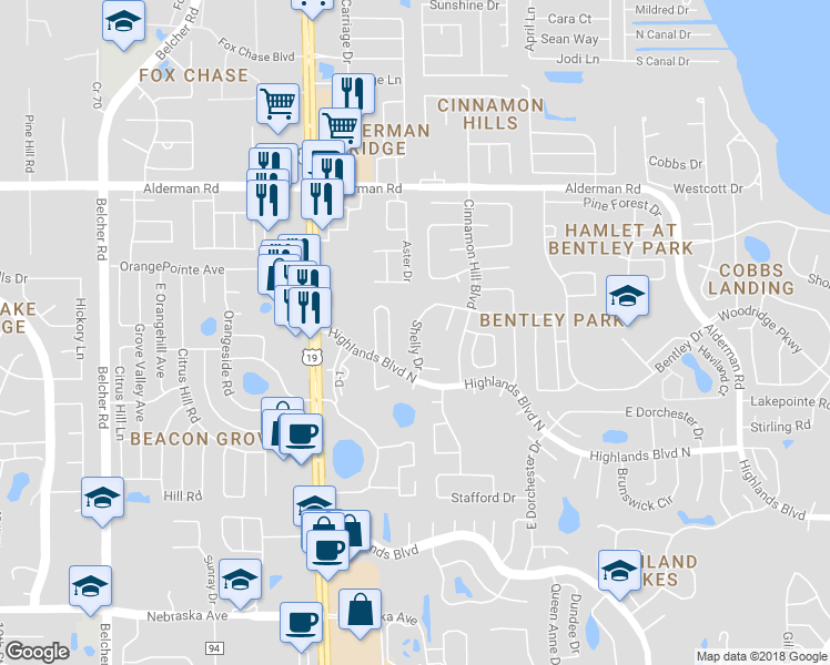 map of restaurants, bars, coffee shops, grocery stores, and more near Shelly Drive in Palm Harbor