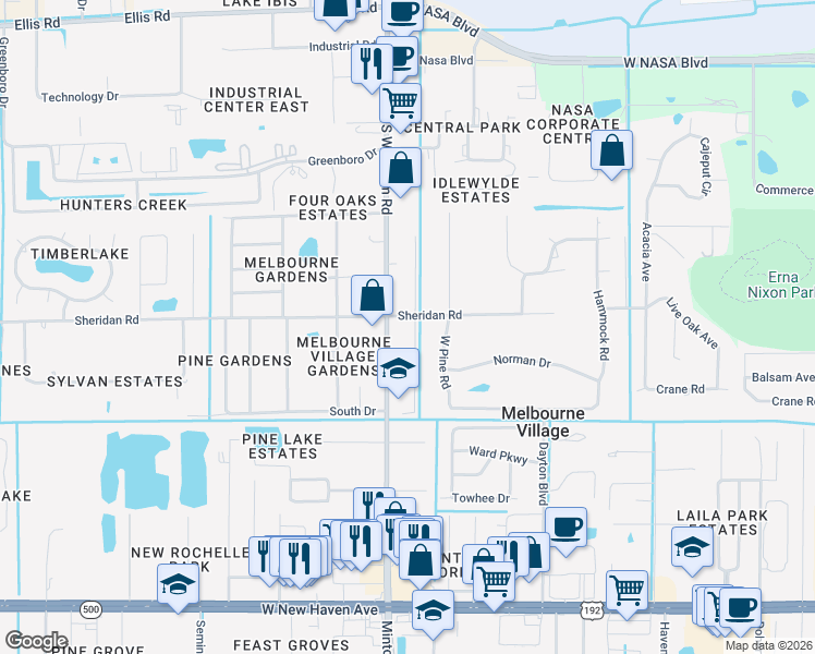 map of restaurants, bars, coffee shops, grocery stores, and more near 7103 Sheridan Road in West Melbourne