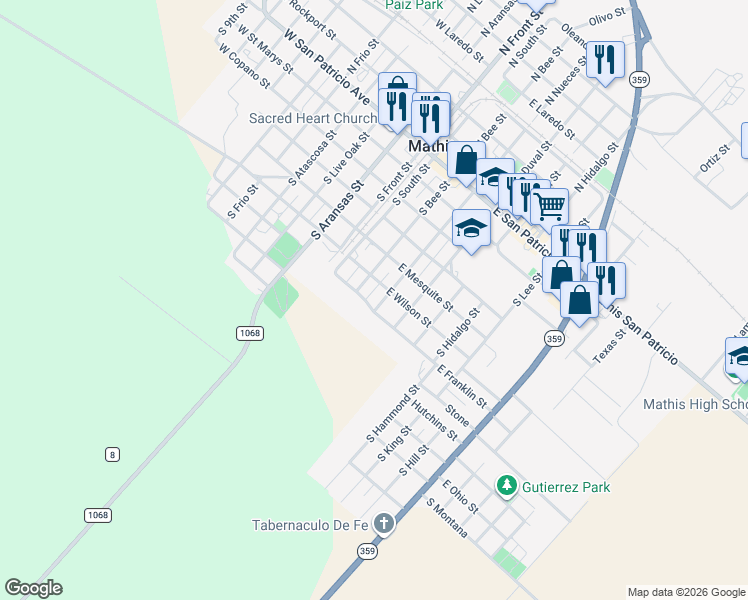 map of restaurants, bars, coffee shops, grocery stores, and more near 620 South Nueces Street in Mathis