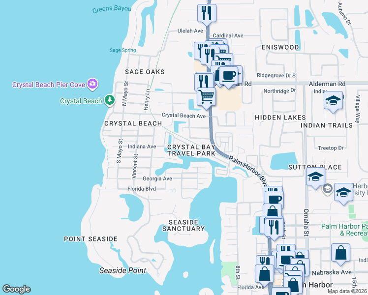 map of restaurants, bars, coffee shops, grocery stores, and more near 71 Schooner Drive in Palm Harbor