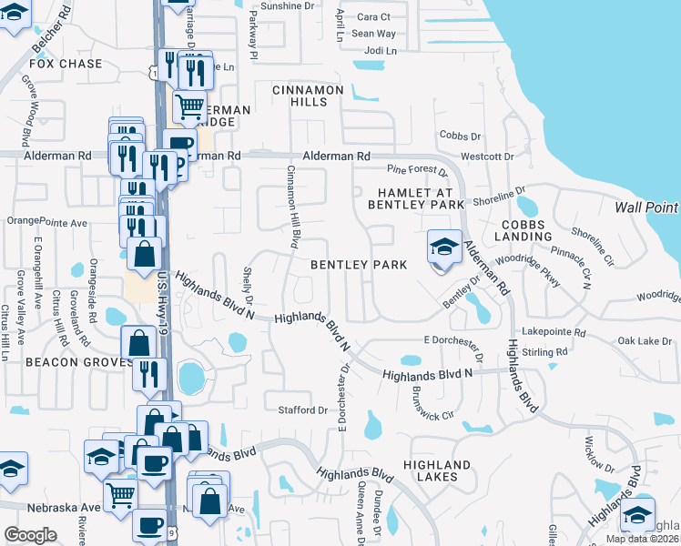 map of restaurants, bars, coffee shops, grocery stores, and more near 2952 Shannon Circle in Palm Harbor