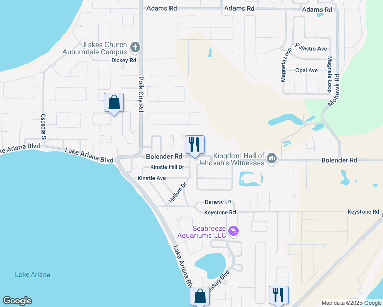 map of restaurants, bars, coffee shops, grocery stores, and more near 212 Carla Ann Court in Auburndale